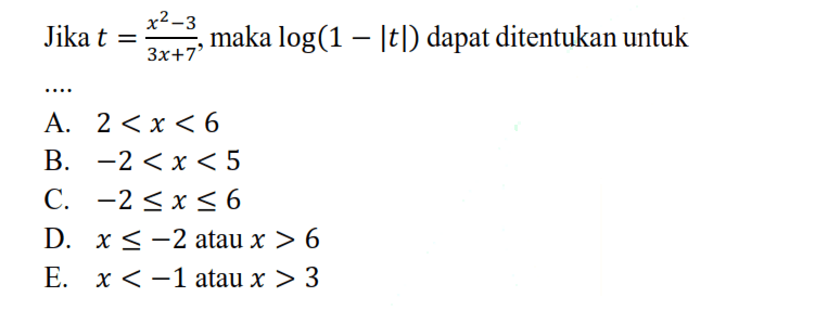 Jika t=(x^2-3)/(3x+7), maka log(1-|t|) dapat ditentukan untuk ....