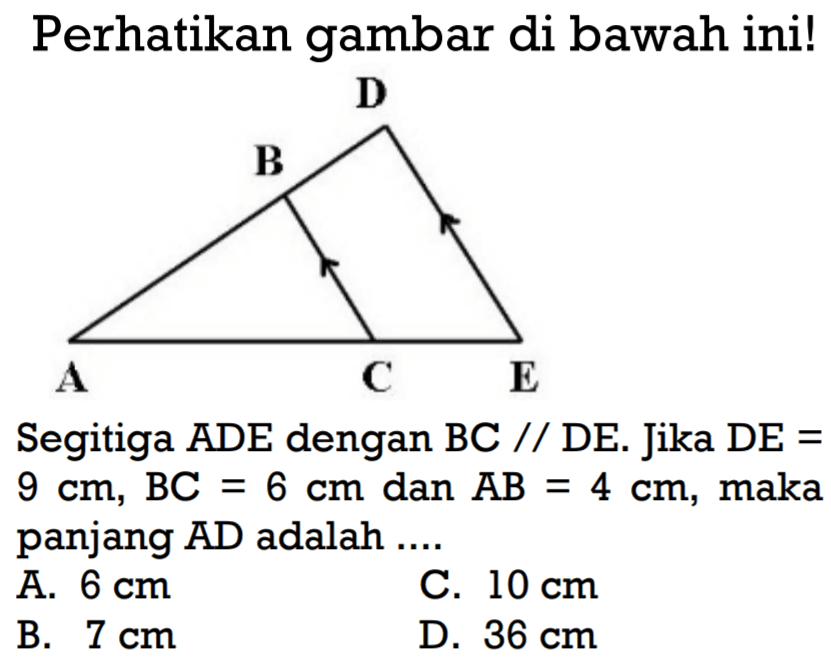 Perhatikan gambar di bawahini!Segitiga  ADE  dengan  BC // DE . Jika  DE=9 cm, BC=6 cm  dan  AB=4 cm , maka panjang  AD  adalah  .... 