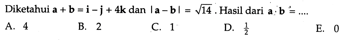 Diketahui a+b=i-j+4k dan |a-b|=akar(14). Hasil dari a.b=.... 