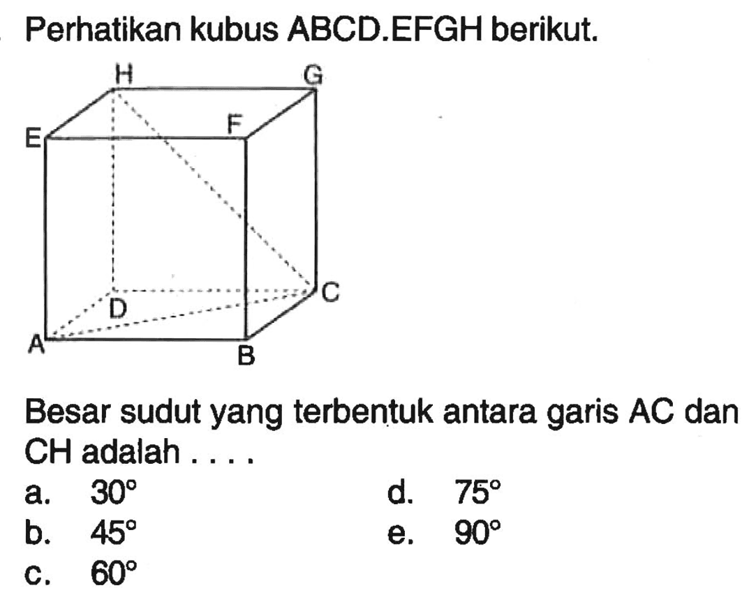Perhatikan kubus ABCDEFGH berikut. H G E F D C A B Besar sudut yang terbentuk antara garis AC dan CH adalah....