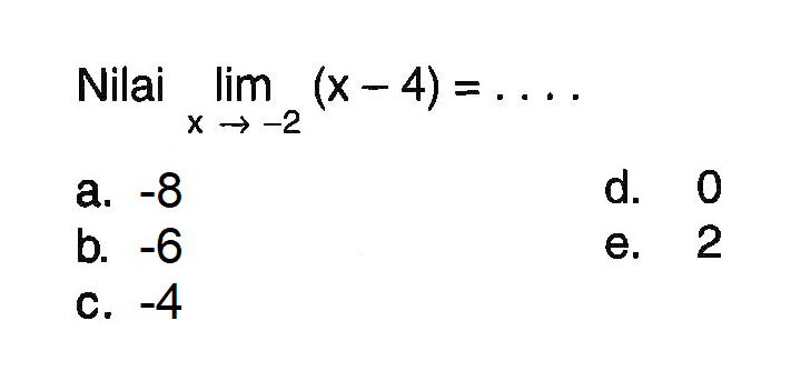 Nilai lim x->-2 (x -4) =...