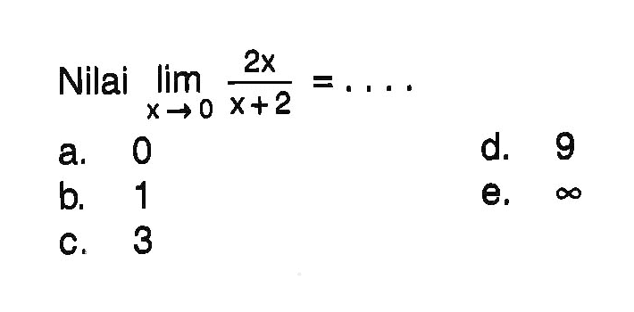 Nilai  lim x -> 0 2x/(x+2)=.... 