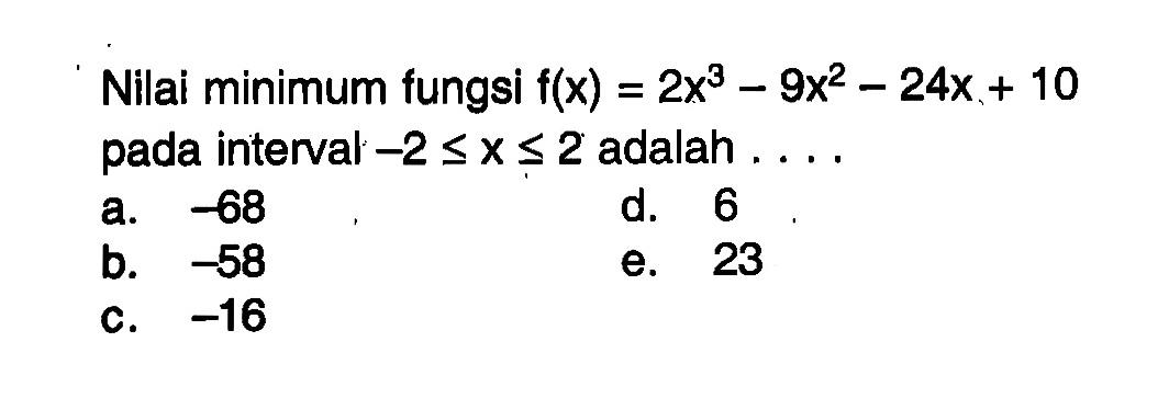 Nilai minimum fungsi f(x)=2x^3-9x^2-24x+10 pada interval -2<=x<=2 adalah ....