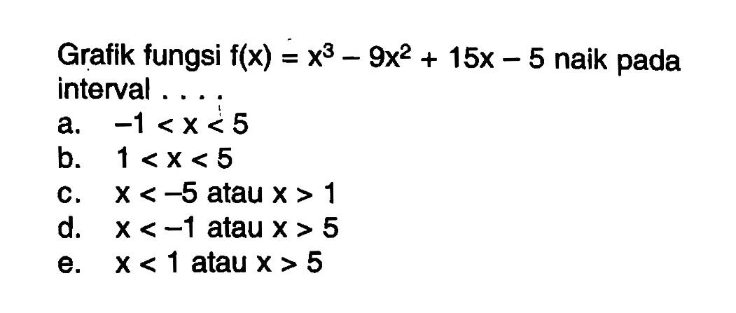 Grafik fungsi f(x)=x^3-9x^2+15x-5 naik pada interval....