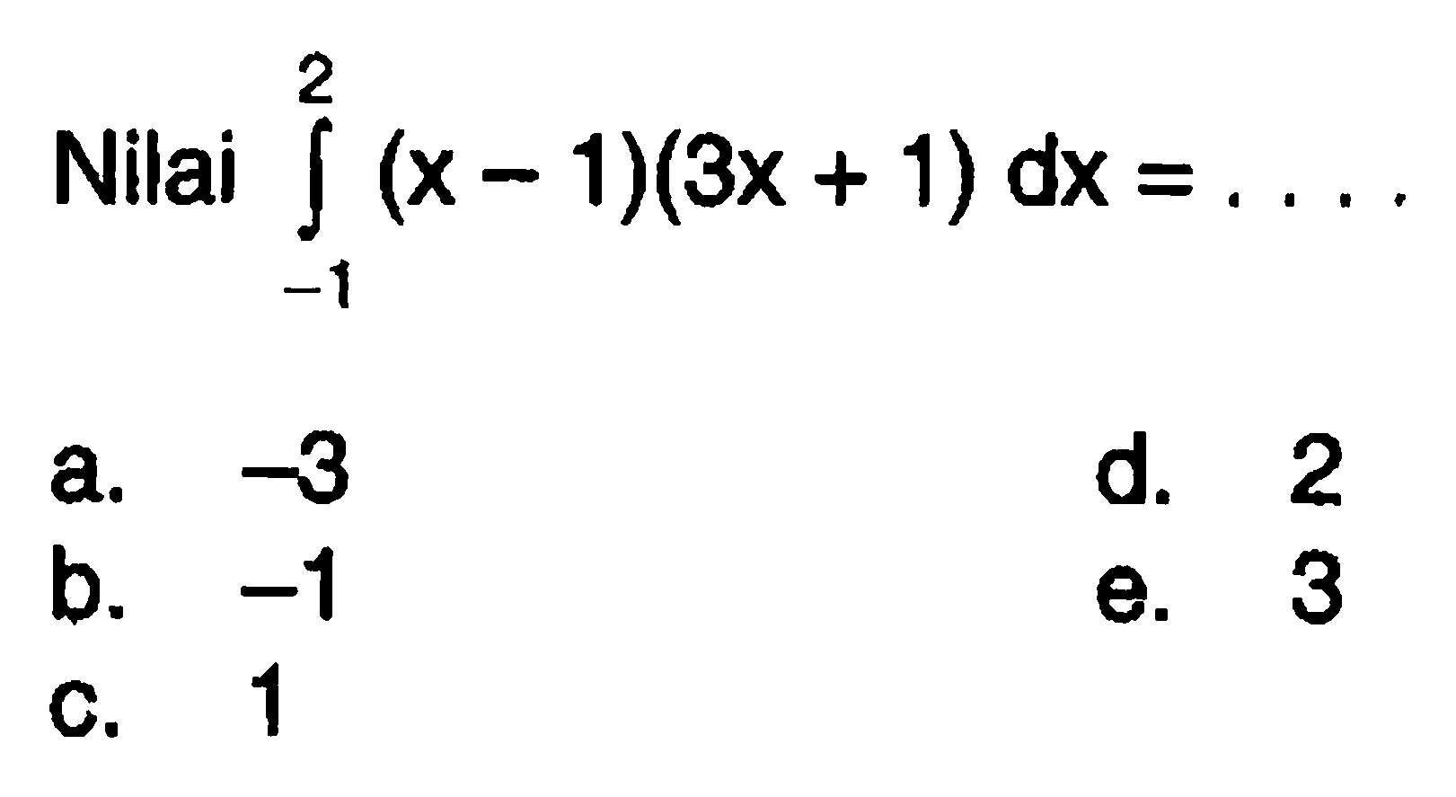 Nilai  integral -1 2 (x-1)(3x+1) dx= ....