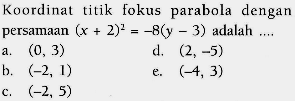 Koordinat titik fokus parabola dengan persamaan (x+2)^2=-8(y-3) adalah ....