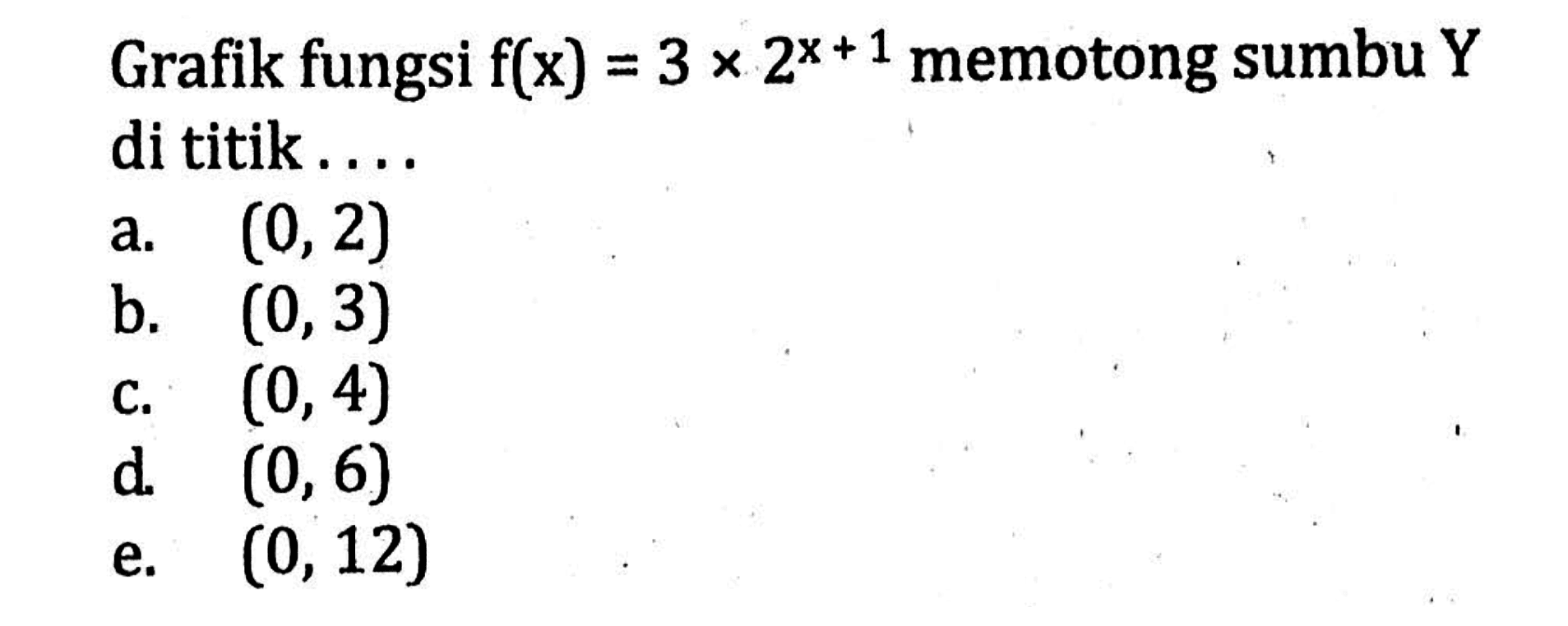Grafik fungsi f(x)=3x2^(x+1) memotong sumbu Y di titik ....