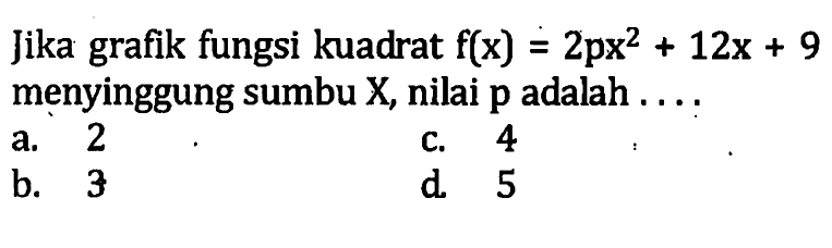 Jika grafik fungsi kuadrat f(x) 2px^2 +12x + 9 menyinggung sumbu X, nilai p adalah