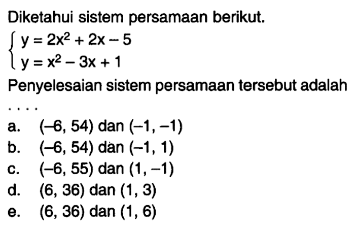 Diketahui sistem persamaan berikut. y=2x^2+2x-5 y=x^2-3x+1 Penyelesaian sistem persamaan tersebut adalah....