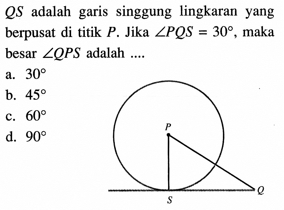 QS  adalah garis singgung lingkaran yang berpusat di titik  P.  Jika  sudut P Q S=30 , maka besar  sudut QPS  adalah ....