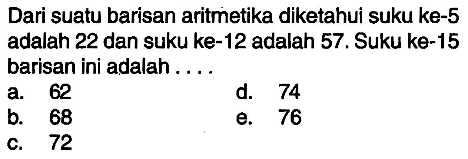 Dari suatu barisan aritmetika diketahui suku ke-5 adalah 22 dan suku ke-12 adalah 57. Suku ke-15 barisan ini adalah