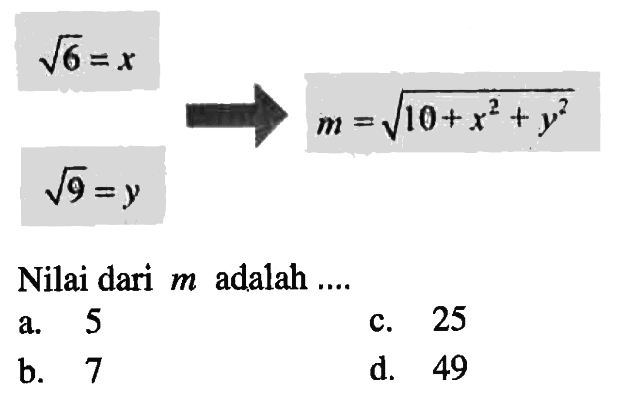 (akar(6) = x akar (9) = y) -> m = akar(10 + x^2 + y^2) Nilai dari adalah m adalah ... a. 5 c. 25 b. 7 d. 49