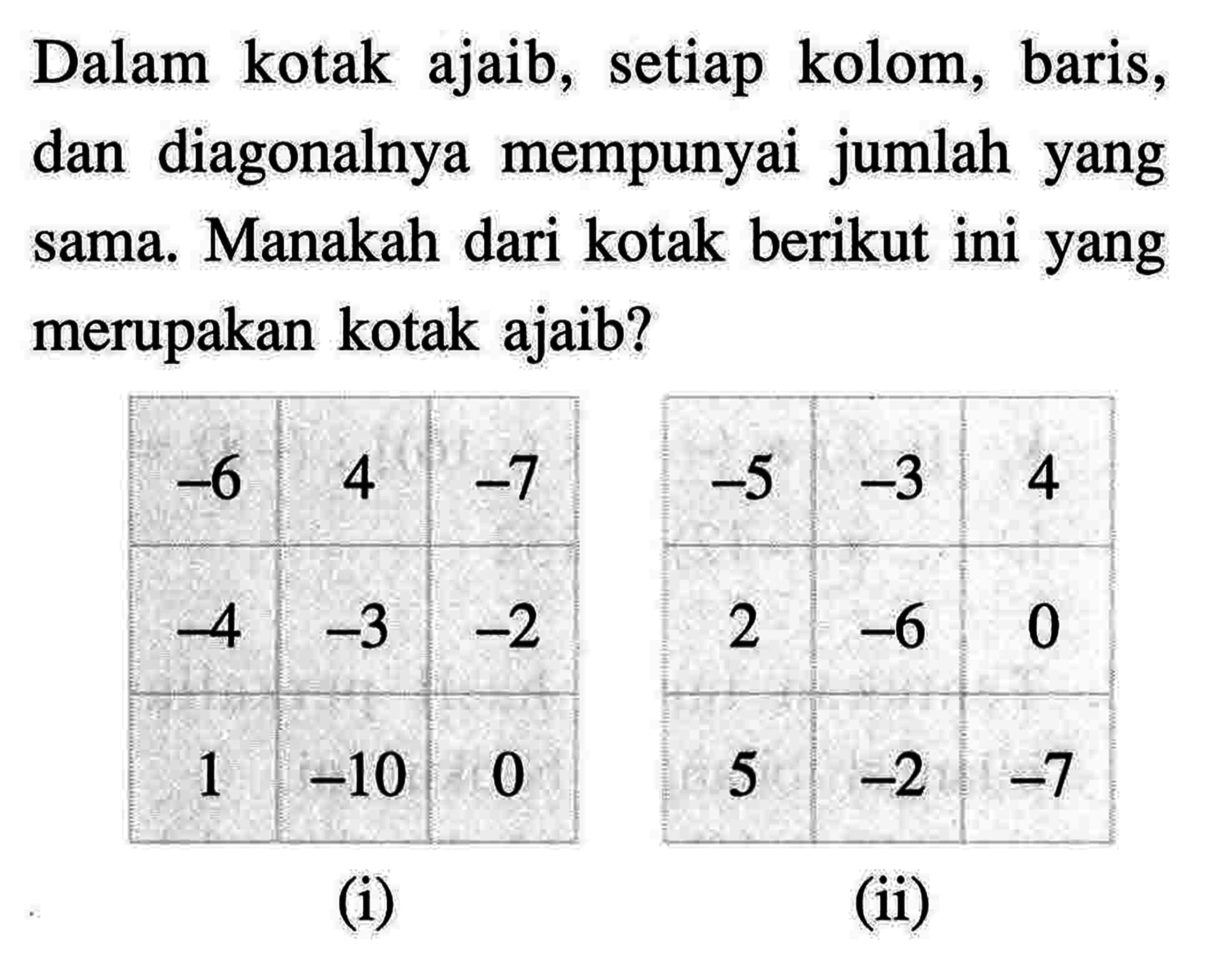 Dalam kotak ajaib, setiap kolom, baris, dan diagonalnya mempunyai jumlah yang sama. Manakah dari kotak berikut ini yang merupakan kotak ajaib? -6 4 -7 -4 -3 -2 1 -10 0 -5 -3 4 2 -6 0 5 -2 -7