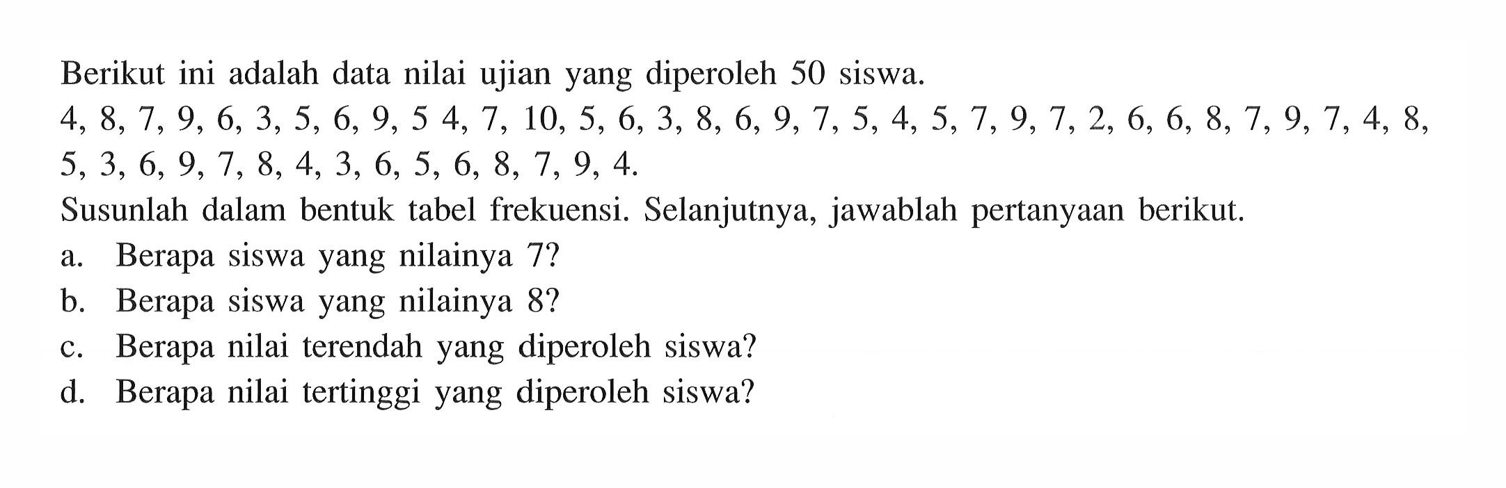 Berikut ini adalah data nilai ujian yang diperoleh 50 siswa. 4,8,7,9,6,3,5,6,9,54,7,10,5,6,3,8,6,9,7,5,4,5,7,9,7,2,6,6,8,7,9,7,4,8,5,3,6,9,7,8,4,3,6,5,6,8,7,9,4. Susunlah dalam bentuk tabel frekuensi. Selanjutnya, jawablah pertanyaan berikut. a. Berapa siswa yang nilainya 7? b. Berapa siswa yang nilainya 8? c. Berapa nilai terendah yang diperoleh siswa? d. Berapa nilai tertinggi yang diperoleh siswa?