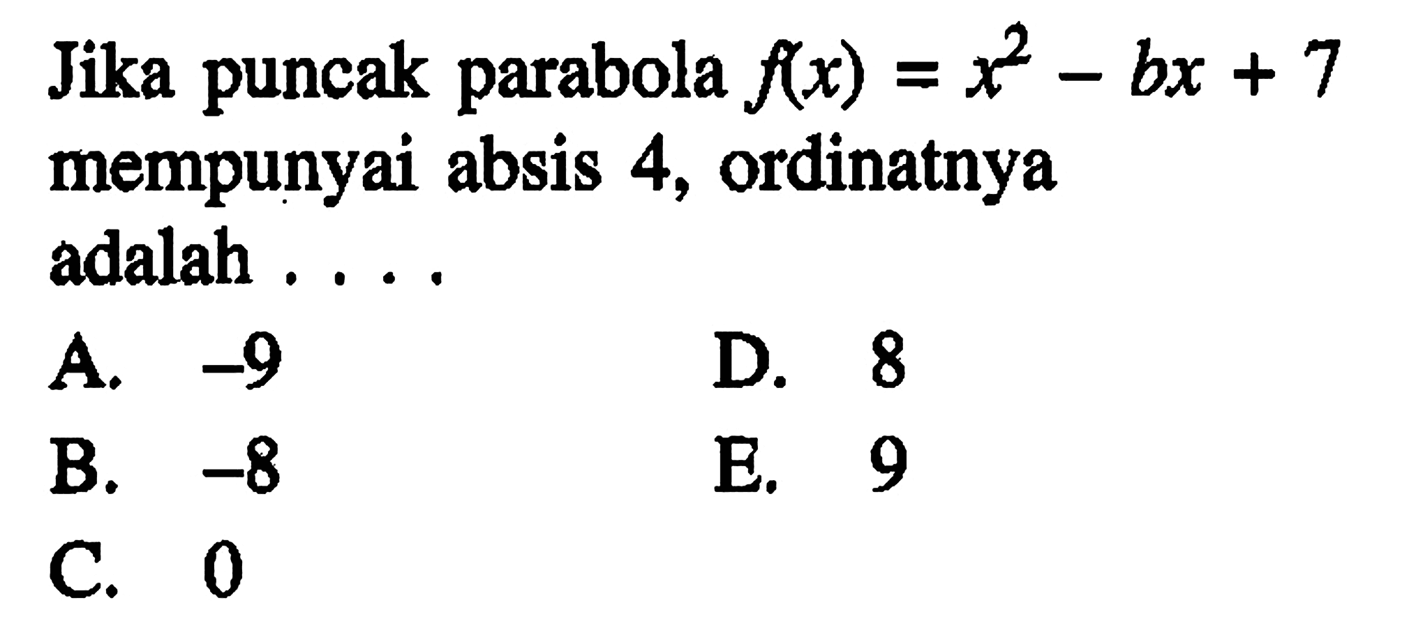 Jika puncak parabola f(x)=x^2-bx+7 mempunyai absis 4, ordinatnya adalah 