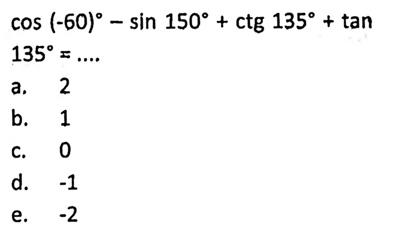 cos(-60)-sin 150+ctg 135+tan 135=...
