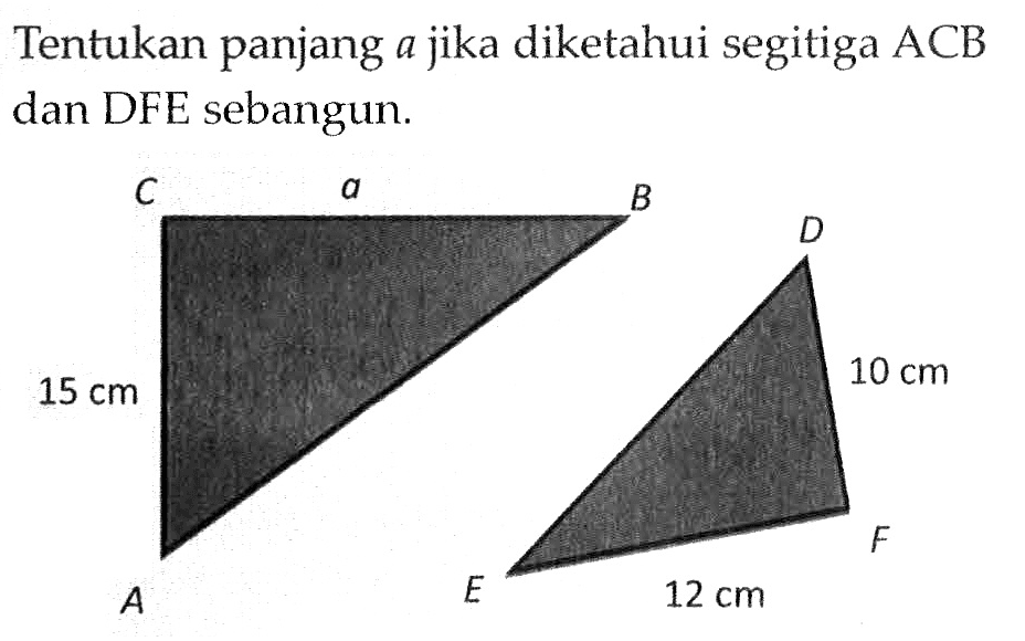 Tentukan panjang a jika diketahui segitiga ACB dan DFE sebangun. A B C a 15 cm D E F 12 cm 10 cm