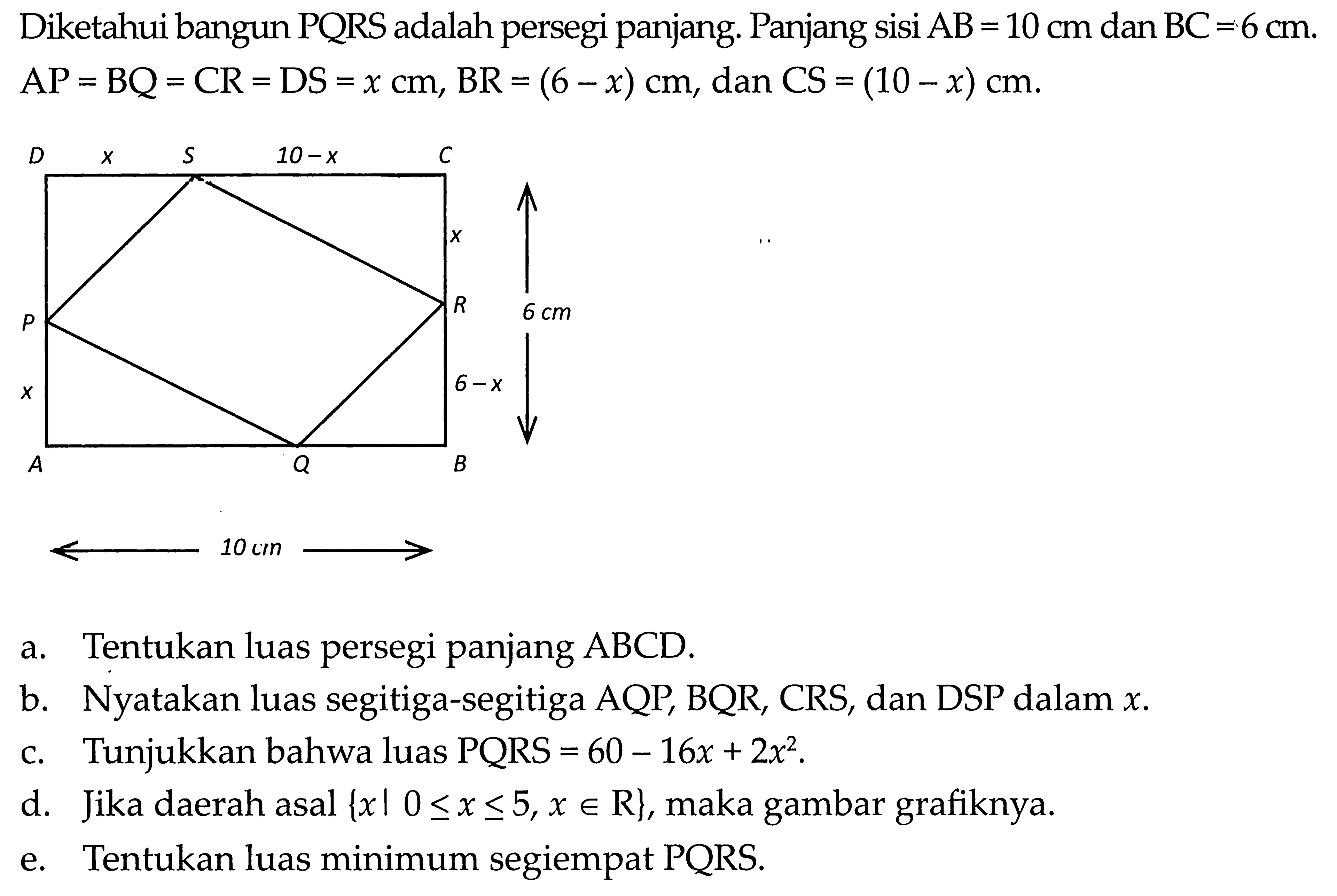 Diketahui bangun PQRS adalah persegi panjang. Panjang sisi AB = 10 cm dan BC = 6 cm. AP = BQ = CR = DS = x cm, BR = (6 - x) cm, dan CS = (10 - x) cm. a. Tentukan luas persegi panjang ABCD. b. Nyatakan luas segitiga-segitiga AQP, BQR, CRS, dan DSP dalam x. c. Tunjukkan bahwa luas PQRS = 60 - 16x + 2x^2. d. Jika daerah asal {xl 0 <= x <= 5, x e R}, maka gambar grafiknya. e. Tentukan luas minimum segiempat PQRS.