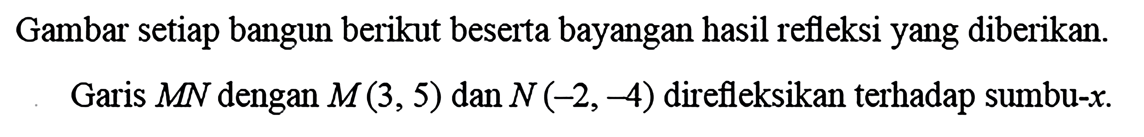 Gambar setiap bangun berikut beserta bayangan hasil refleksi yang diberikan. Garis MN dengan M(3,5) dan N(-2,-4) direfleksikan terhadap sumbu-x.