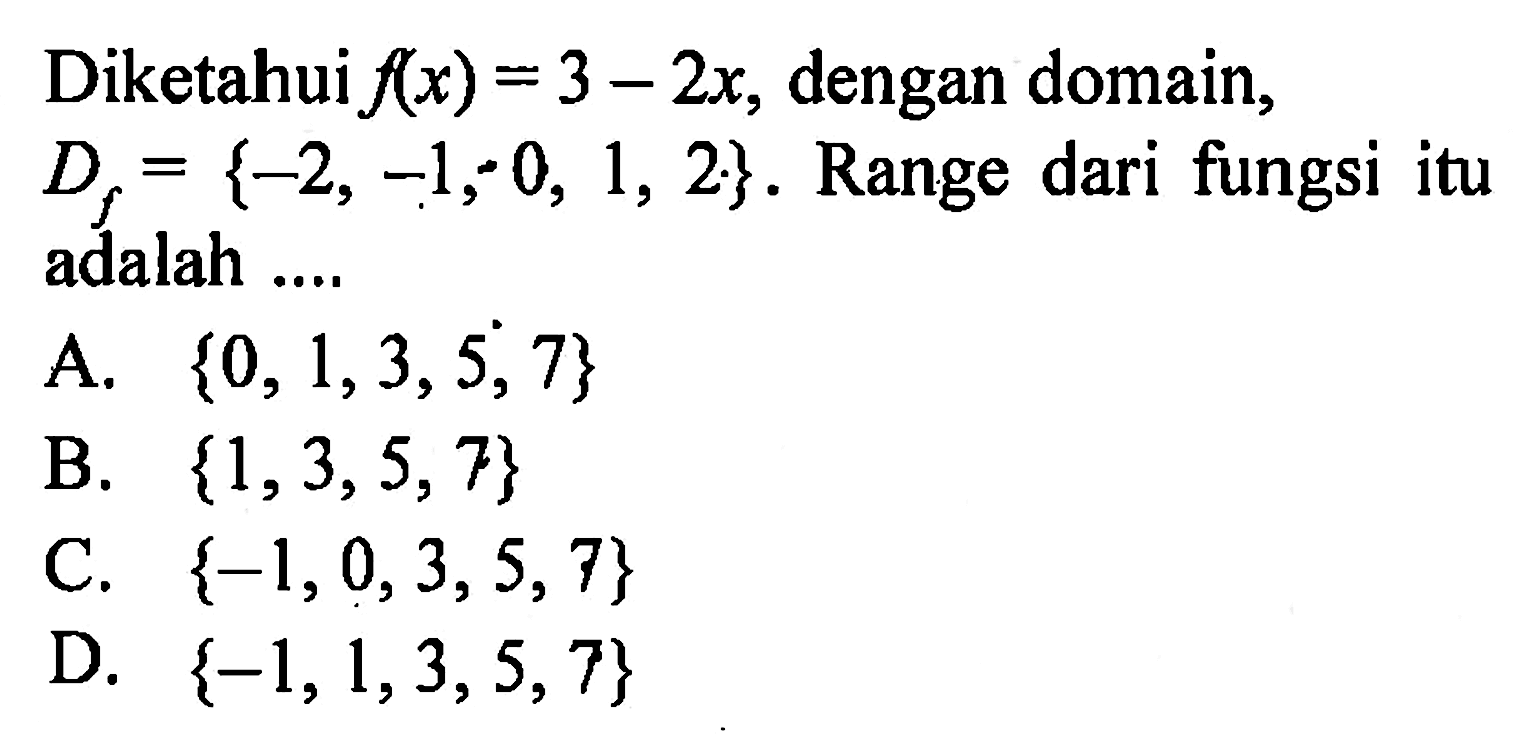 Diketahui f(x) = 3 - 2x, dengan domain, Df = {-2, -1; 0, 1, 2}. Range dari fungsi itu adalah ....