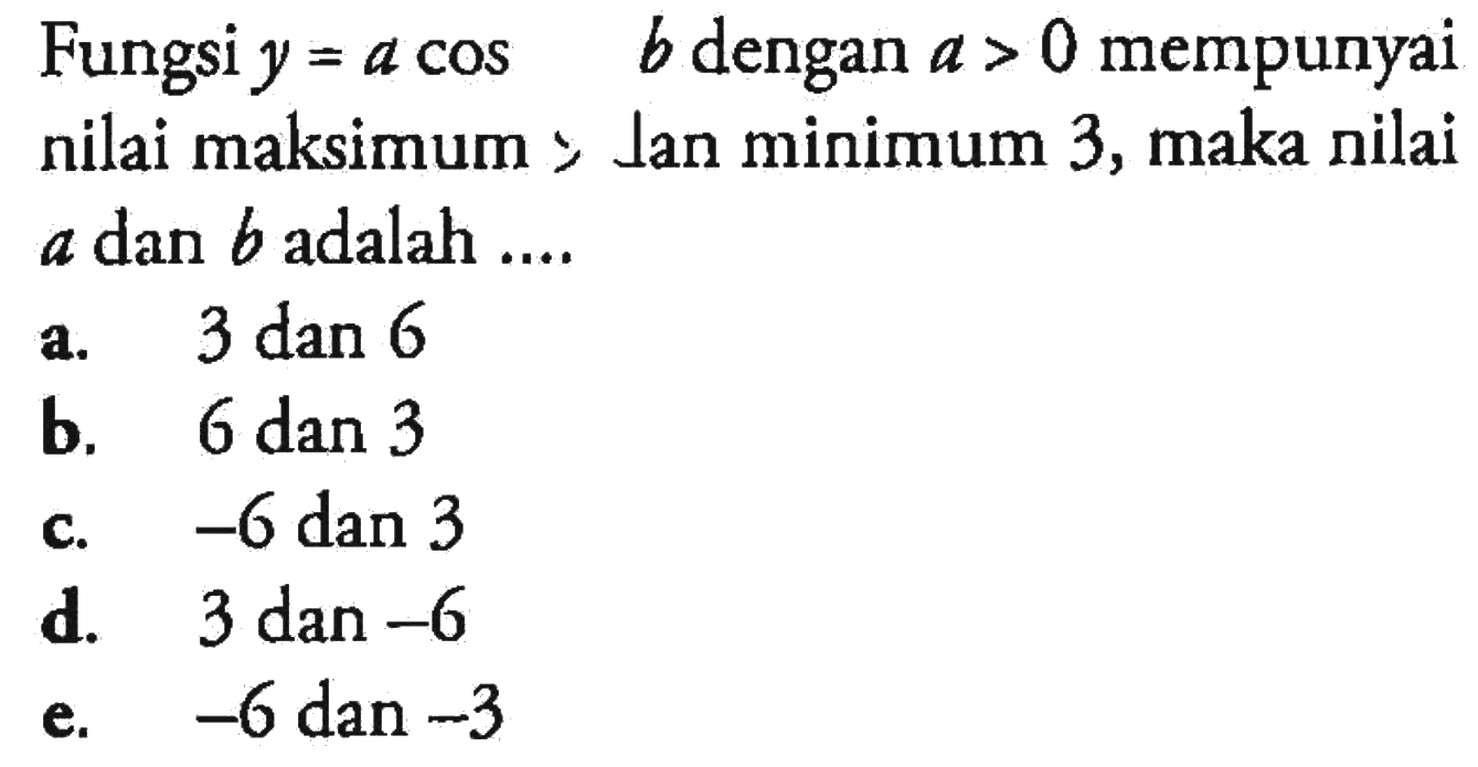 Fungsi y=a cos b dengan a>0 mempunyainilai maksimum dan minimum 3, maka nilaia dan b adalah  .....