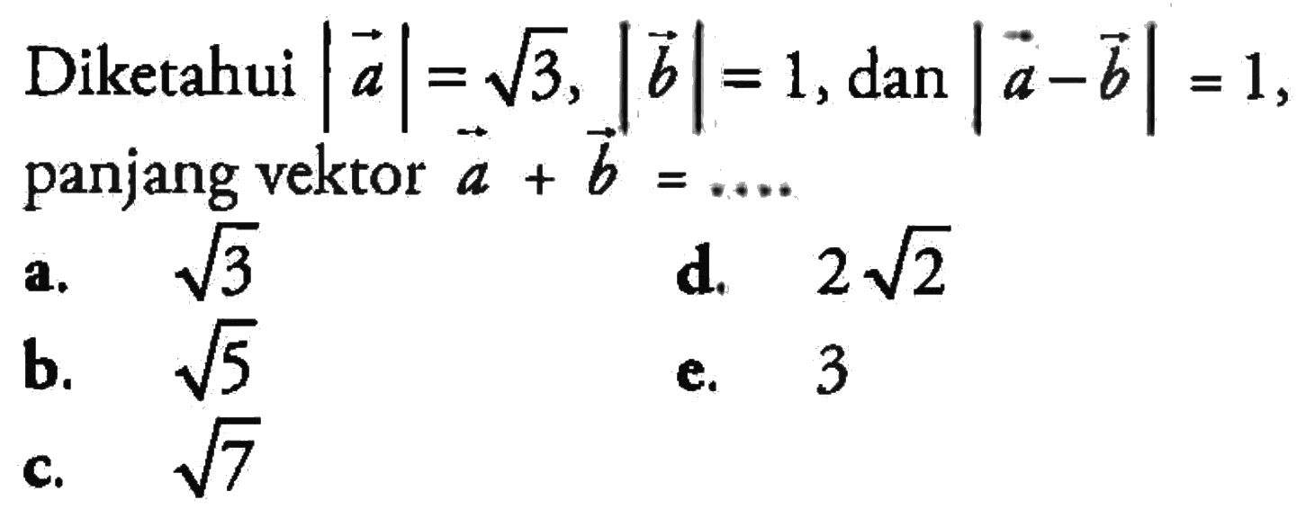 Diketahui |a|=akar(3), |b|=1, dan |a-b|=1, panjang vektor a+b=.... 