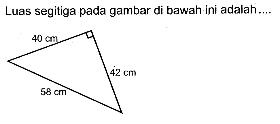 Luas segitiga pada gambar di bawah ini adalah....40 cm 42 cm 58 cm