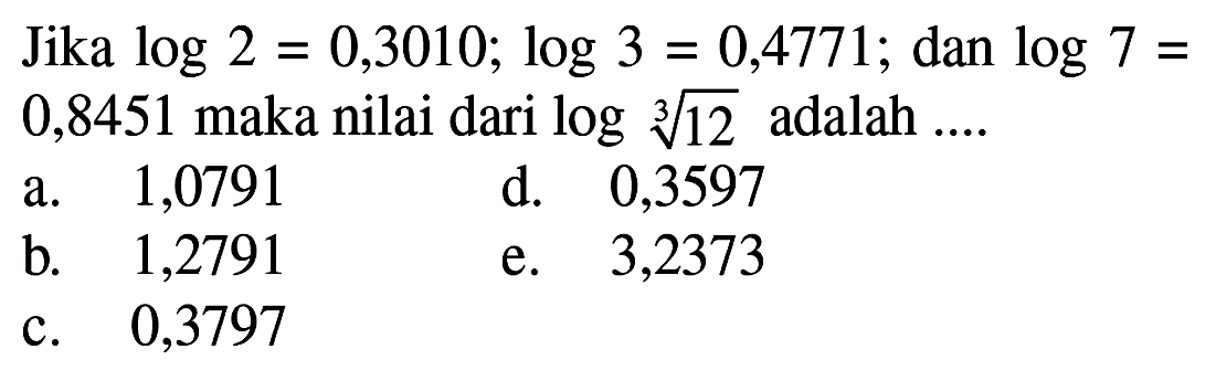Jika log2=0,3010; log3=0,4771; dan log7=0,8451 maka nilai dari log 12^(1/3) adalah ....