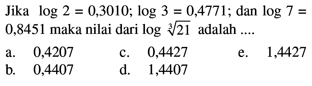 Jika log2=0,3010; log3=0,4771; dan log7=0,8451 maka nilai dari log(21)^(1/3) adalah ....