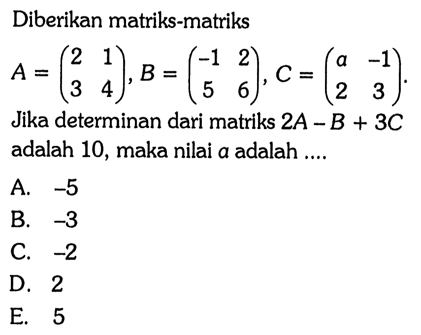 Diberikan matriks-matriks A=(2 1 3 4), B=(-1 2 5 6), C=(a -1 2 3). Jika determinan dari matriks 2A-B+3C adalah 10, maka nilai a adalah....
