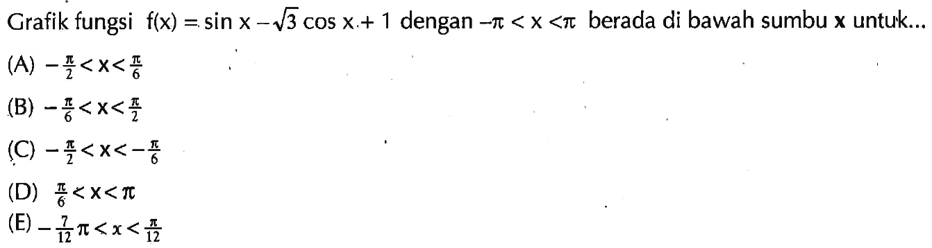 Grafik fungsi f(x)=sin x-akar(3) cos x+1 dengan -pi<x<pi berada di bawah sumbu x untuk...