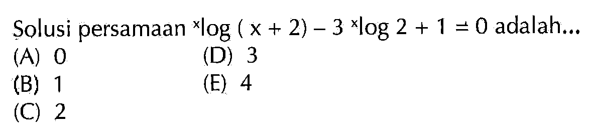 Solusi persamaan xlog(x+2)-3 xlog2+1=0 adalah ....