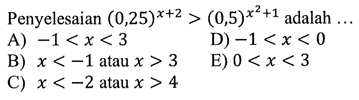 Penyelesaian (0,25)^(x+2)>(0,5)^(x^2+1) adalah ....