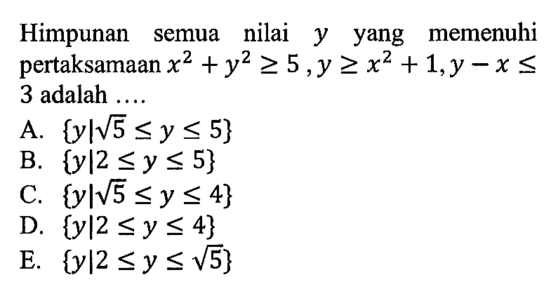 Himpunan semua nilai Y yang memenuhi pertaksamaan x^2+y^2>=5, y >= x^2+1, y-x <=3 adalah A. {yl akar(5) < = y <= 5} B. {yl 2 <= y <= 5} C. {ylakar(5)<=y<=4} D. {yl2 <=y <= 4} E. {y|2 <=y <= akar(5)}