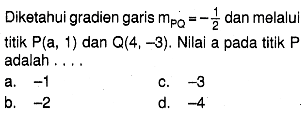 Diketahui gradien garis mPQ=-1/2  dan melalui titik  P(a, 1) dan Q(4,-3). Nilai a pada titik P adalah .... 
