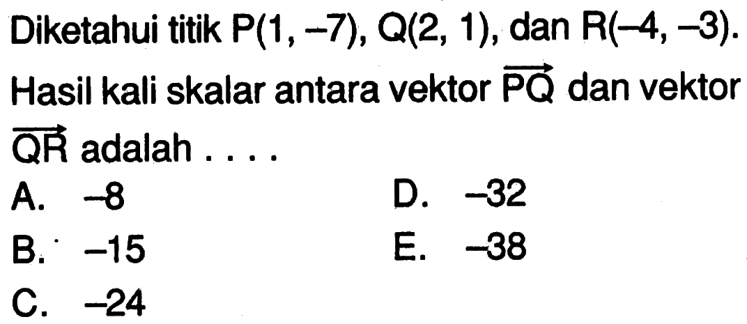 Diketahui titik P(1,-7), Q(2,1), dan R(-4,-3). Hasil kali skalar antara vektor PQ dan vektor QR adalah . . . .