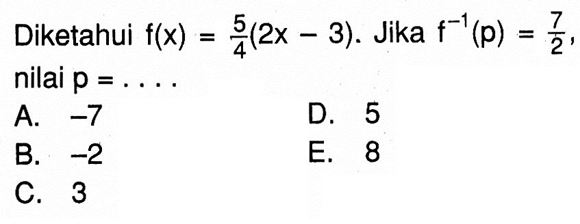 Diketahui f(x)=5/4(2 x-3). Jika f^-1(p)=7/2 nilai p=...