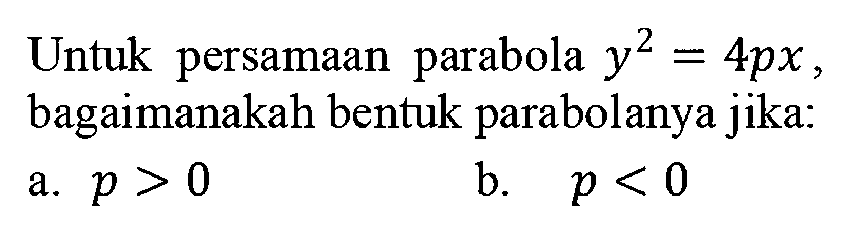 Untuk persamaan parabola y^2 = 4px, bagaimanakah bentuk parabolanya jika:
a. p > 0
b. p < 0