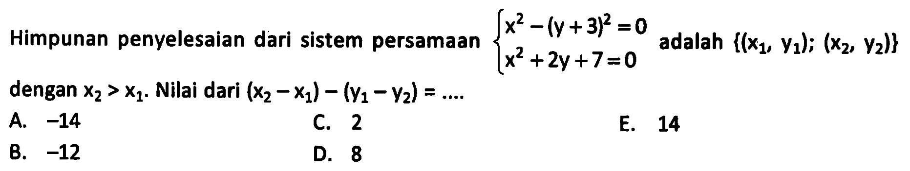 Himpunan penyelesaian dari sistem persamaan x^2-(y+3)^2=0 x^2+2y+7=0 adalah {(x1, y1); (x2, y2)} dengan x2 > x1. Nilai dari (x2-x1)-(y1-y2)= ....