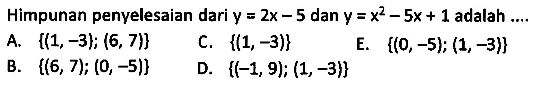 Himpunan penyelesaian dari y=2x-5 dan y=x^2-5x+1 adalah....