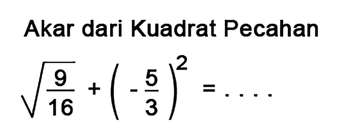 Akar dari Kuadrat Pecahan

akar(9/16)+(-5/3)^2=...
