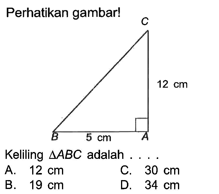 Perhatikan gambar! A B C 5 cm 12 cmKeliling  segitiga ABC adalah ....A.  12 cm C.  30 cm B.  19 cm D.  34 cm 