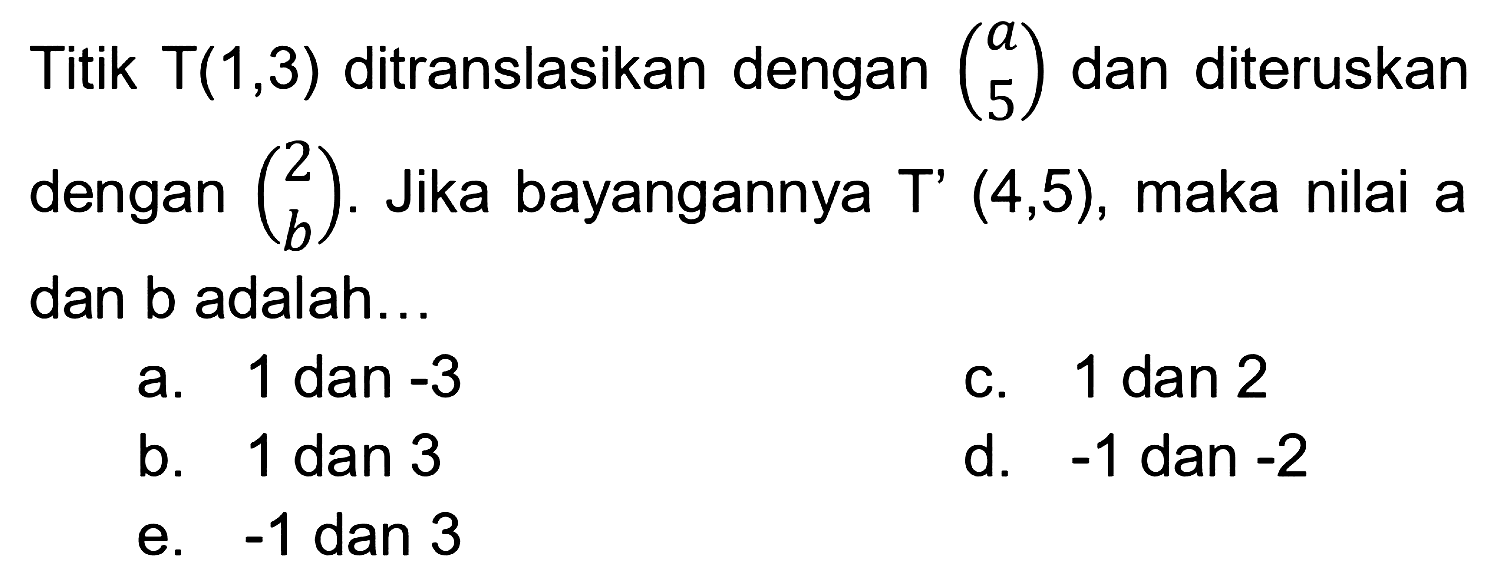 Titik T(1,3) ditranslasikan dengan (a 5) dan diteruskan dengan (2 b). Jika bayangannya T' (4,5), maka nilai a dan b adalah...
