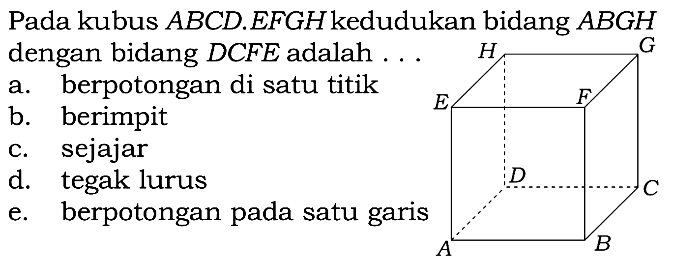 Pada kubus ABCD.EFGH kedudukan bidang ABGH dengan bidang DCFE adalah  
