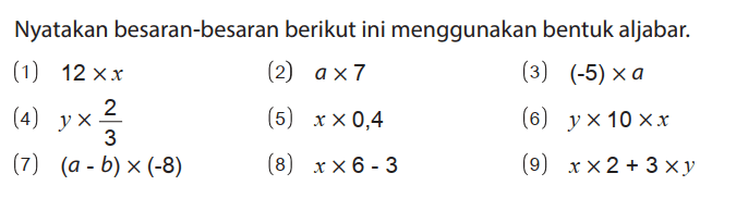 Nyatakan besaran-besaran berikut ini menggunakan bentuk aljabar.
(1) 12 x x 
(2) a x 7 
(3) (-5) x a 
(4) y x 2/3 
(5) x x 0,4 
(6) y x 10 x x 
(7) (a - b) x (-8) 
(8) x x 6 - 3 
(9) x x 2 + 3 x y