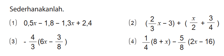Sederhanakanlah.
(1) 0,5x - 1,8 - 1,3x + 2,4 
(2) (2/3 x - 3) + (x/2 + 3/4) 
(3) - 4/3 (6x - 3/8) 
(4) 1/4 (8 + x) - 5/8 (2x - 16)