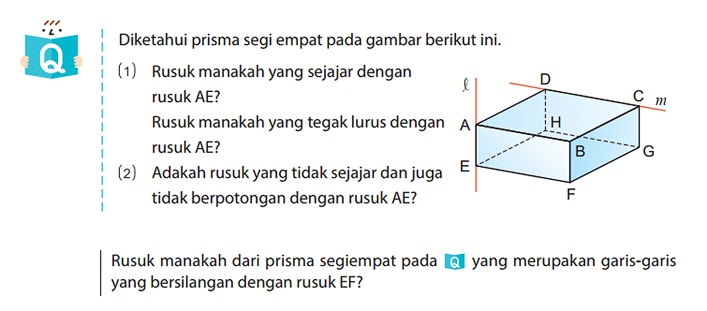 Diketahui prisma segi empat pada gambar berikut ini.
(1) Rusuk manakah yang sejajar dengan rusuk AE?
Rusuk manakah yang tegak lurus dengan rusuk AE?
(2) Adakah rusuk yang tidak sejajar dan juga tidak berpotongan dengan rusuk AE?
Rusuk manakah dari prisma segiempat pada Q yang merupakan garis-garis yang bersilangan dengan rusuk EF?
A B C D E F G H l m 