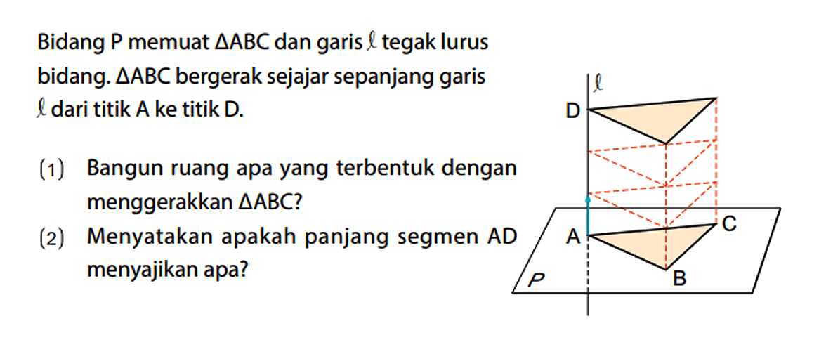 Bidang P memuat segitiga ABC dan garis l tegak lurus bidang. segitiga ABC bergerak sejajar sepanjang garis l dari titik A ke titik D. (1) Bangun ruang apa yang terbentuk dengan menggerakkan segitiga ABC? (2) Menyatakan apakah panjang segmen A D menyajikan apa? l D A C B P