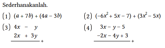 Sederhanakanlah.
(1) (a + 7b) + (4a - 3b) 
(2) (-6x^2 + 5x - 7) + (3x^2 - 5x) 
(3) 4x - y 2x + 3y +
(4) 3x - y - 5 -2x - 4y + 3 +