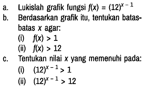 a. Lukislah grafik fungsi f(x)=12^(x - 1) b. Berdasarkan grafik itu, tentukan batas-batas x agar:
(i) f(x)>1 (ii) f(x)>12 c. Tentukan nilai x yang memenuhi pada : (i) (12)^(x-1)>1 (ii) (12)^(x-1)>12 